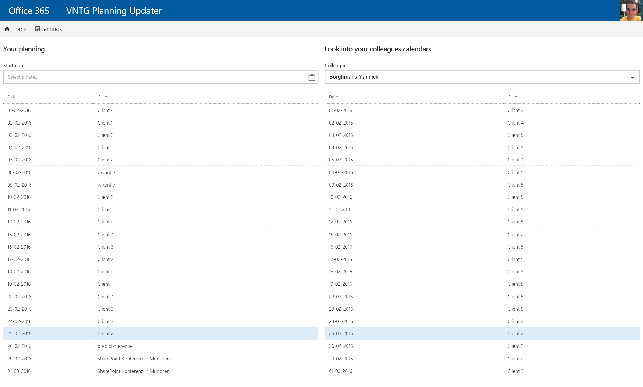 User's planning overview